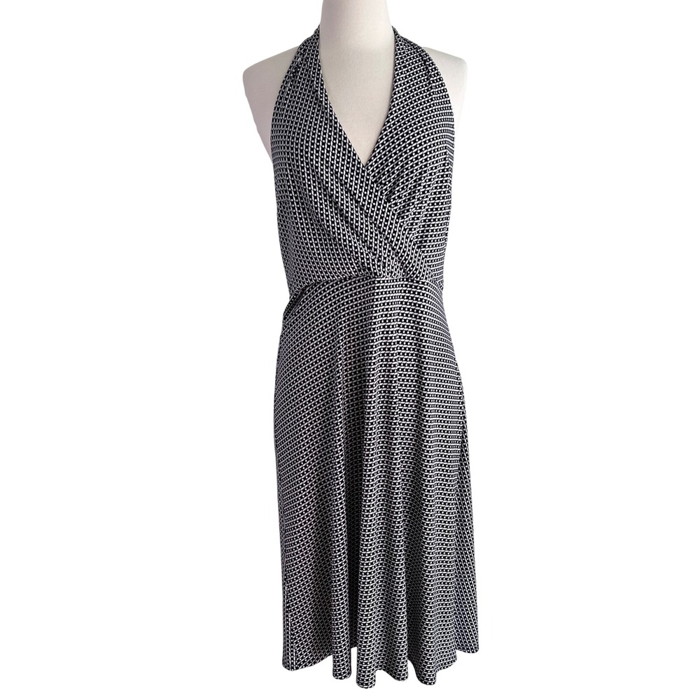 Liz Claiborne Halter Dress 6 Women Geometric Polka Dot Black White Retro Mod